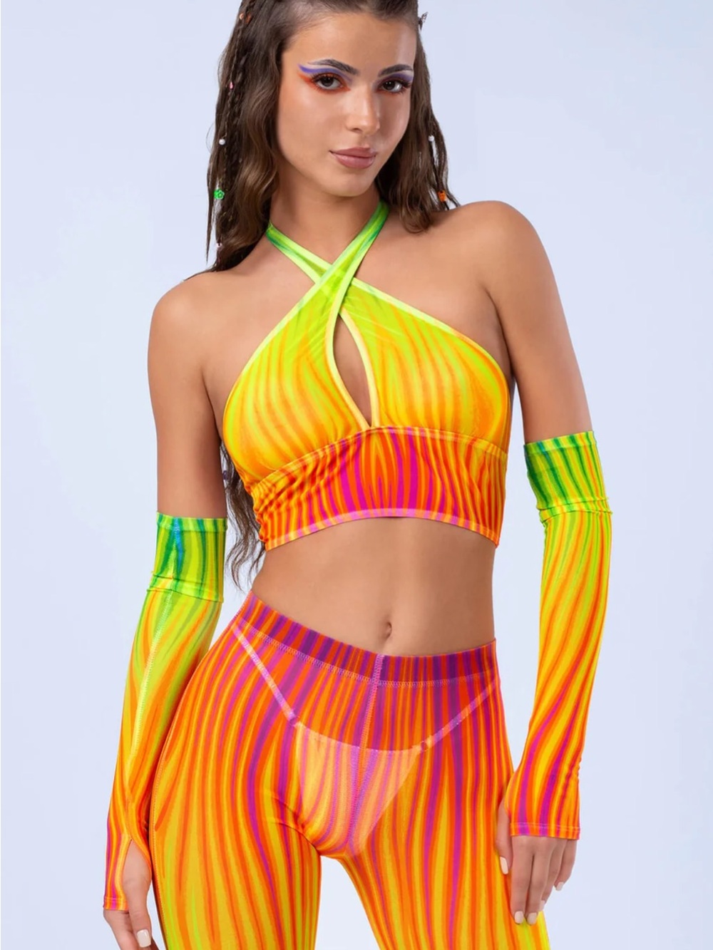 BADINKA Neon Rainbow Flame Halter Top and Bell Bottom Set, Size L